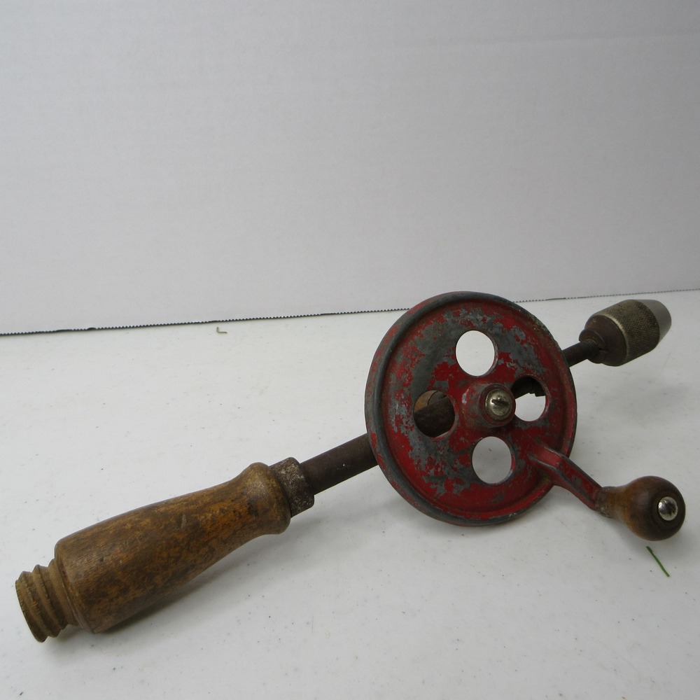 Antique Primitive Red Hand Drill Manual Crank Woodworking Tool Cast Iron USA